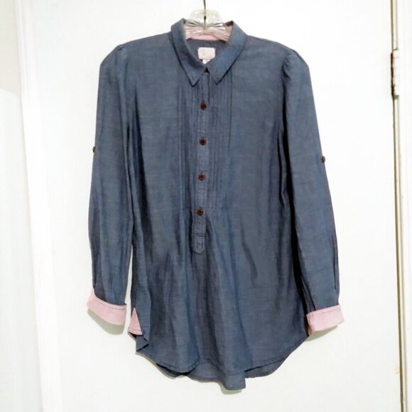 Denim/Chambray Tunic Smock Top/Mini Dress with Pleated & Pink StripedAccents Sz6 - Picture 1 of 9